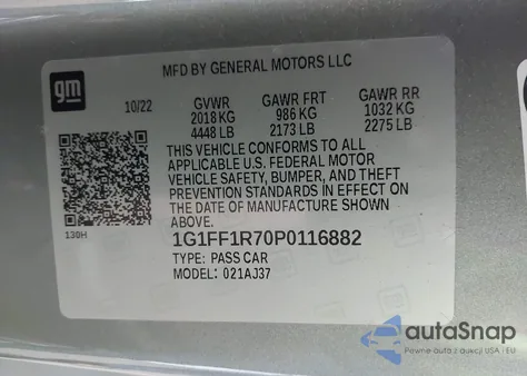 2023 Chevrolet Camaro Rwd Lt1 z USA, uszkodzony, nr VIN 1G1FF1R70P0116882